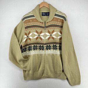 JOHN BLAIR Sweater M Nordic Fair Isle Full Zip Cardigan Collared Grandpa Beige